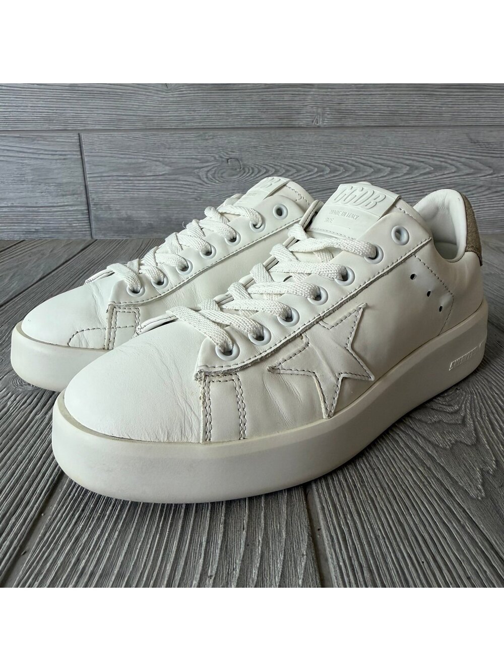 Golden Goose Purestar Sneakers Women 38 8 White Leather Suede Heel Beige Tan